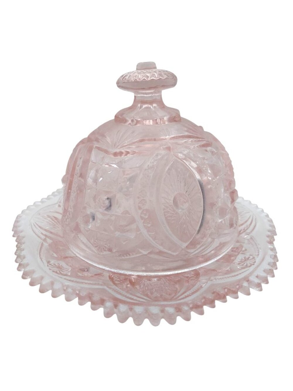 Mosser Glass Covered Butter Dish Inverted Thistle Sawtooth Rose Pink Vintage